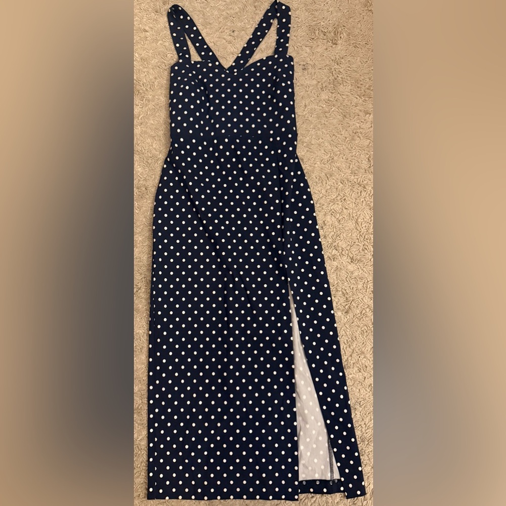 VESPER blue white polka dot sleeveless stretchy pencil midaxi retro dress 12